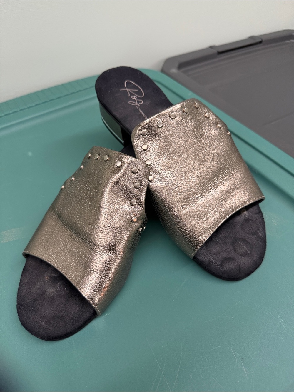 Ros Hommerson Metallic Studded Slide Mules in Pewter